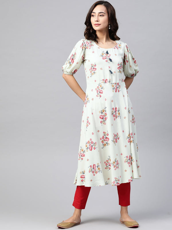 Jashvi Women Green & Red Floral Printed A-Line Kurta