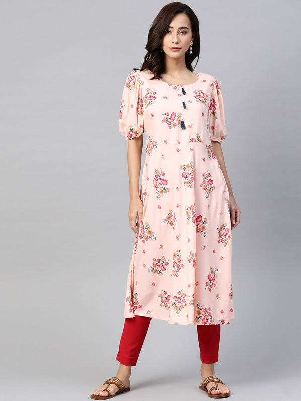 Jashvi Women Pink & Red Floral Printed A-Line Kurta