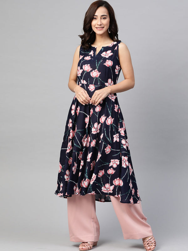 Jashvi Women Navy Blue & Pink Floral Printed A-Line Kurta