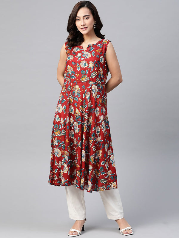 Jashvi Women Maroon & Blue Ethnic Motifs Printed Flaired Kurta