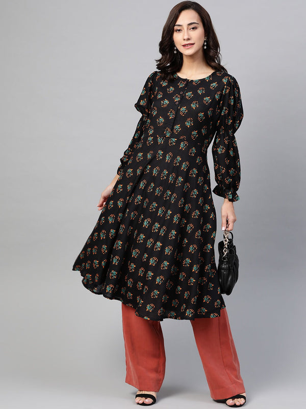 Jashvi Women Black & Mustard Yellow Floral Printed A-Line Kurta