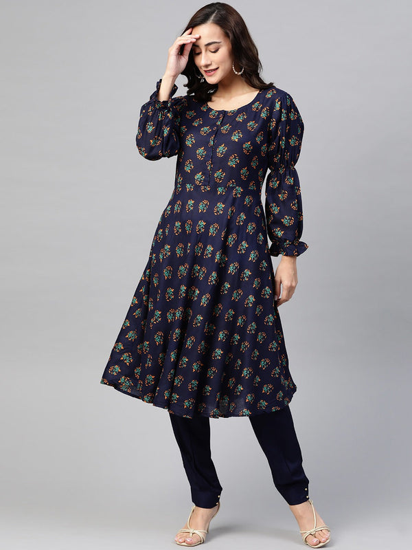 Jashvi Women Navy & Mustard Yellow Floral Printed A-Line Kurta