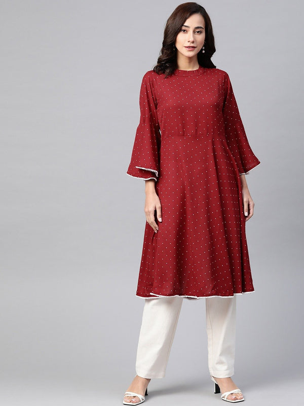 Women's Maroon & White Polka Dots Print Bell Sleeves Anarkali Kurta - Jompers