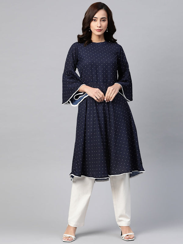 Jashvi Women Navy Blue & White Polka Dots Print Bell Sleeves Anarkali Kurta