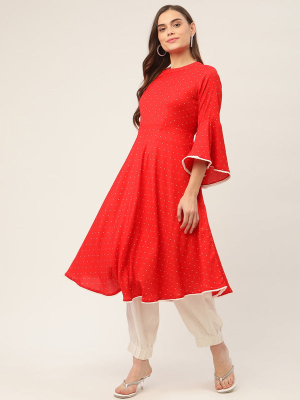 Jashvi flared sleeves, pom-pom lace flared kurta