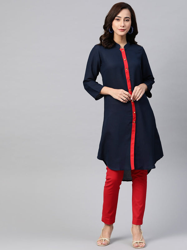 Jashvi Women Navy Blue & Red Solid A-line Kurta