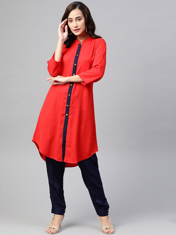 Jashvi Women Red & Navy Blue Solid A-line Kurta