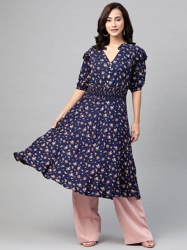 Jashvi Women Navy Blue & Pink Floral Printed Floral Anarkali Kurta