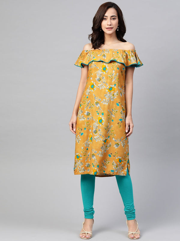 Jashvi Women Mustard Yellow & Teal Blue Floral Printed Straight Kurta