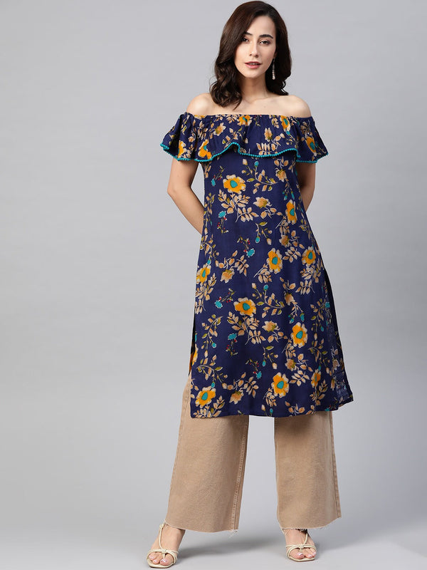 Jashvi Women Navy Blue & Yellow Floral Printed Straight Kurta