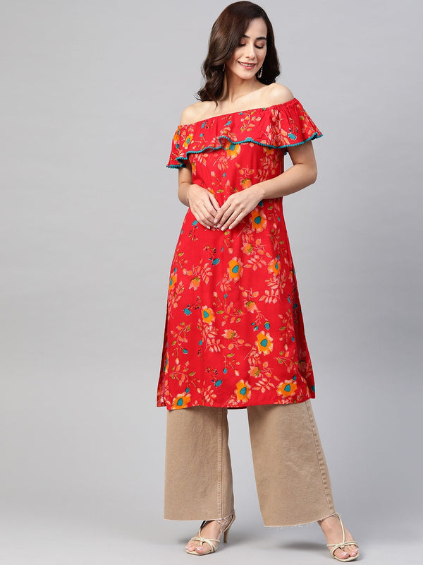 Jashvi Women Red & Yellow Floral Printed Straight Kurta