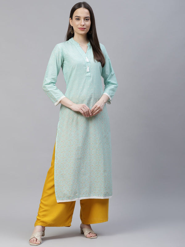 Women's Blue & Off White Pure Cotton Ethnic Motifs Printed Kurta ( JOK 1389 Blue ) - Jompers