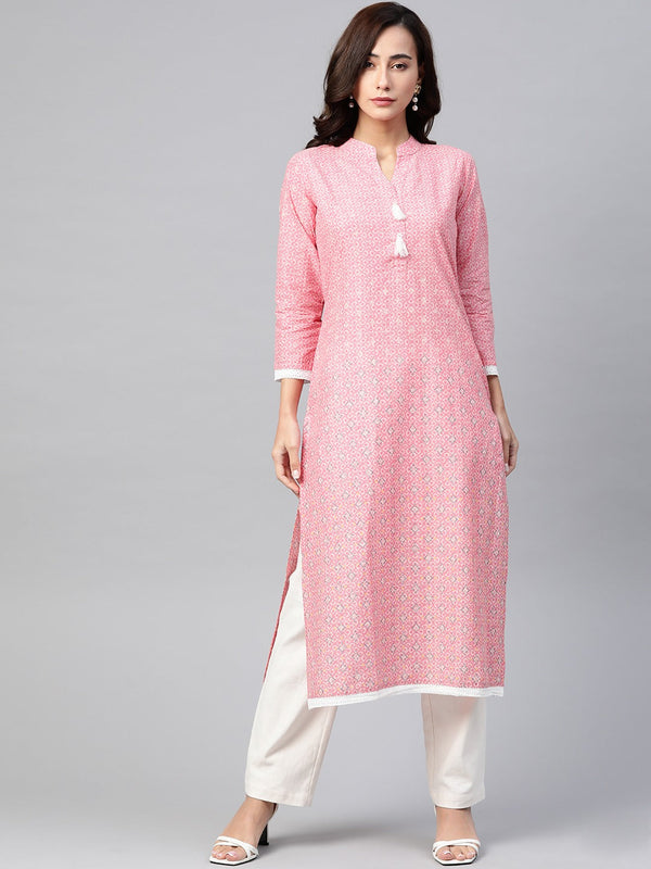 Jashvi Women Pink & Off White Pure Cotton Ethnic Motifs Printed Kurta