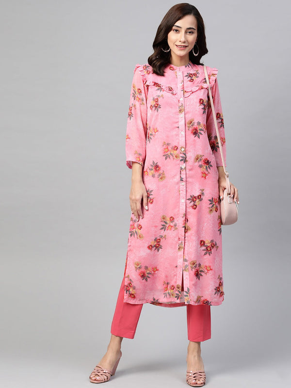 Jashvi Women Pink & Olive Green Floral Printed Frills Bows and Ruffles Straight Kurta