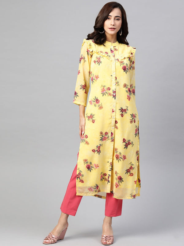 Jashvi Women Yelloe & Pink Floral Printed Frills Bows and Ruffles Straight Kurta