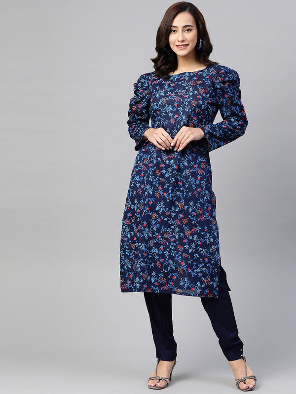 Jashvi Women Navy Blue & Red Floral Printed Floral Straight Kurta