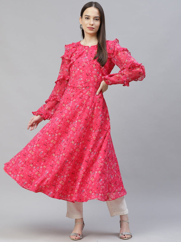 Women Pink Ditsy Floral Printed Floral Georgette Anarkali Kurta with Frills