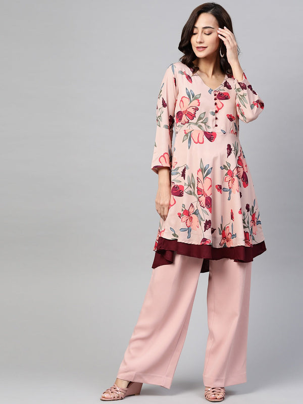 Jashvi Women Peach & Maroon Floral Printed Floral Flared Kurta