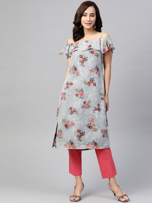 Jashvi Women Grey & Pink Floral Printed Off-Shoulder Floral Kurta