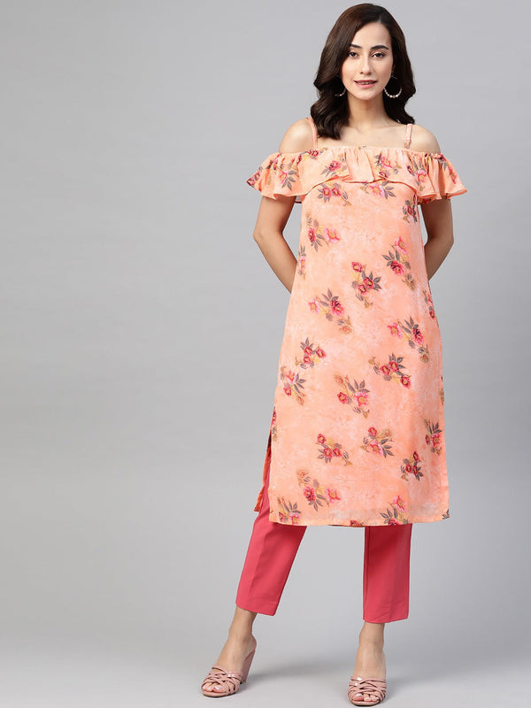 Jashvi Women Peach-Coloured & Grey Floral Print Off-Shoulder Straight Kurta