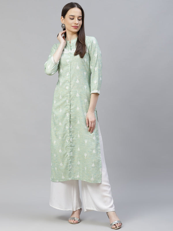 Women Green Ethnic Motifs Ikat Kurta with lace work