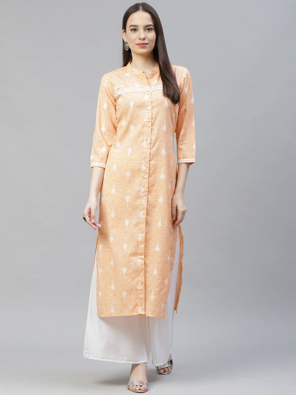 Women Orange Ethnic Motifs Ikat Kurta with lace work