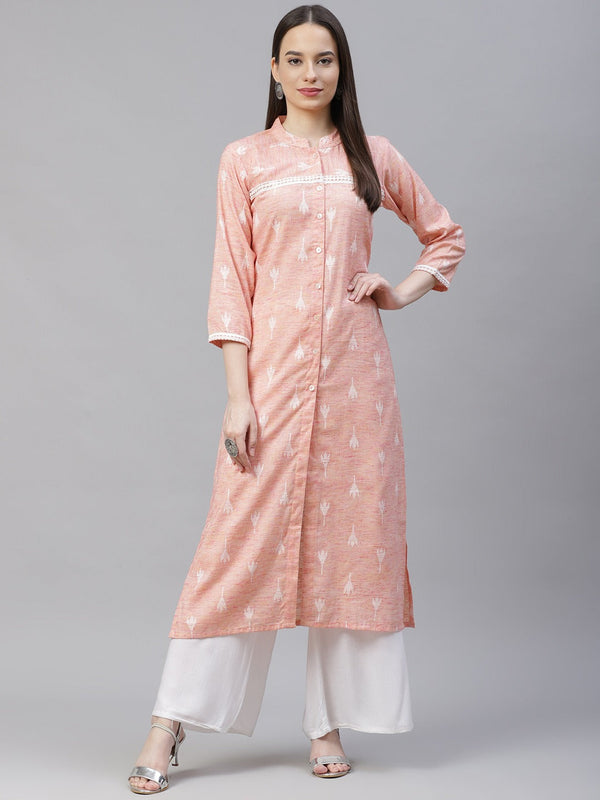 Women Pink Ethnic Motifs Ikat Kurta with lace work