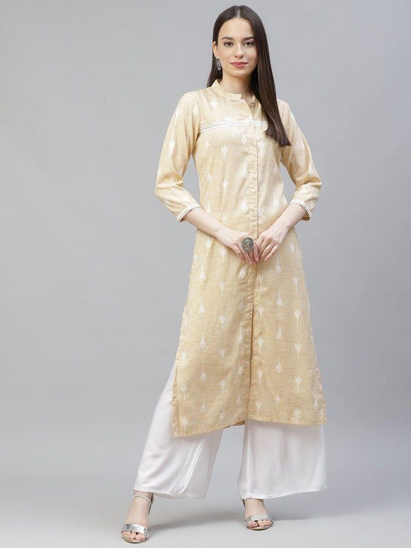 Women Yellow Ethnic Motifs Ikat Kurta with lace work