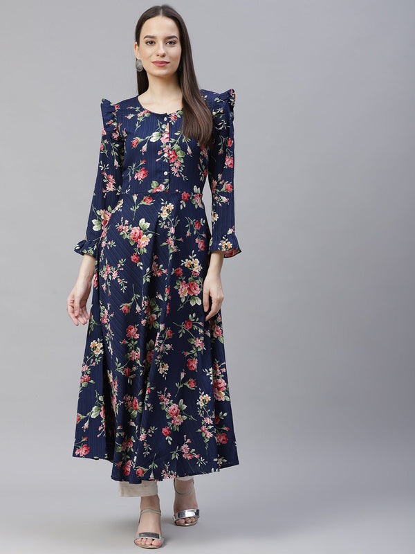 Women Navy Blue & Pink Floral Printed Bell Sleeves Floral Anarkali Kurta