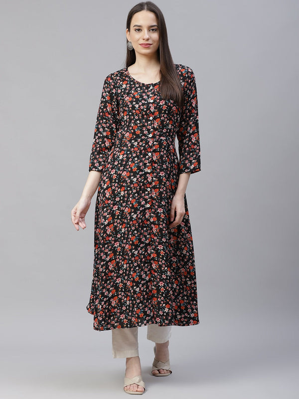 Jashvi Women Black & Orange Floral Printed Floral Kurta