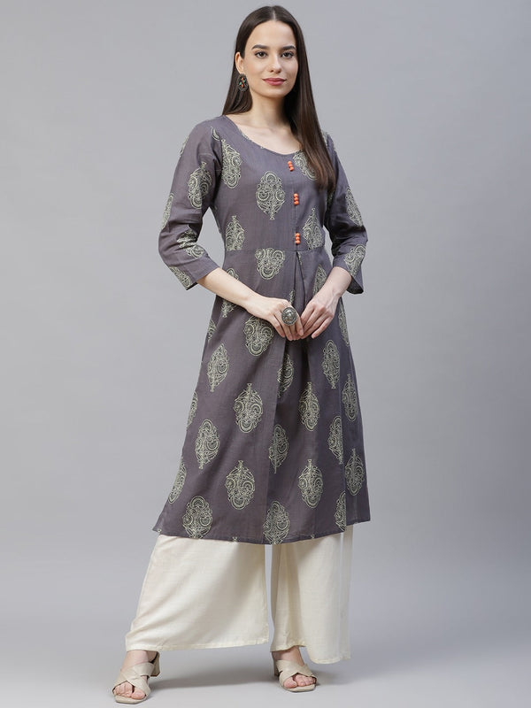 Women Grey & Orange Ethnic Motifs Printed Block Print Kurta with Box Pleate