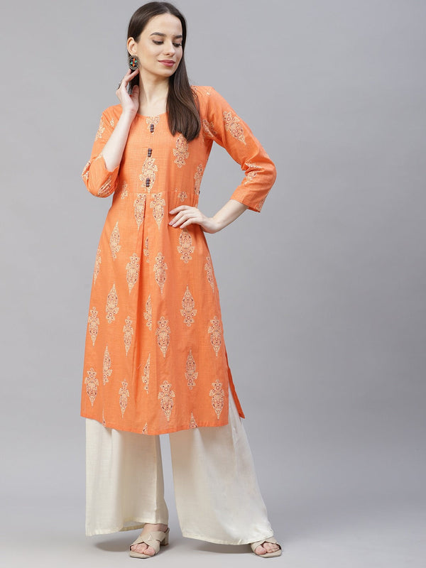 Women Orange & Grey Ethnic Motifs Printed Block Print Kurta with Box Pleate