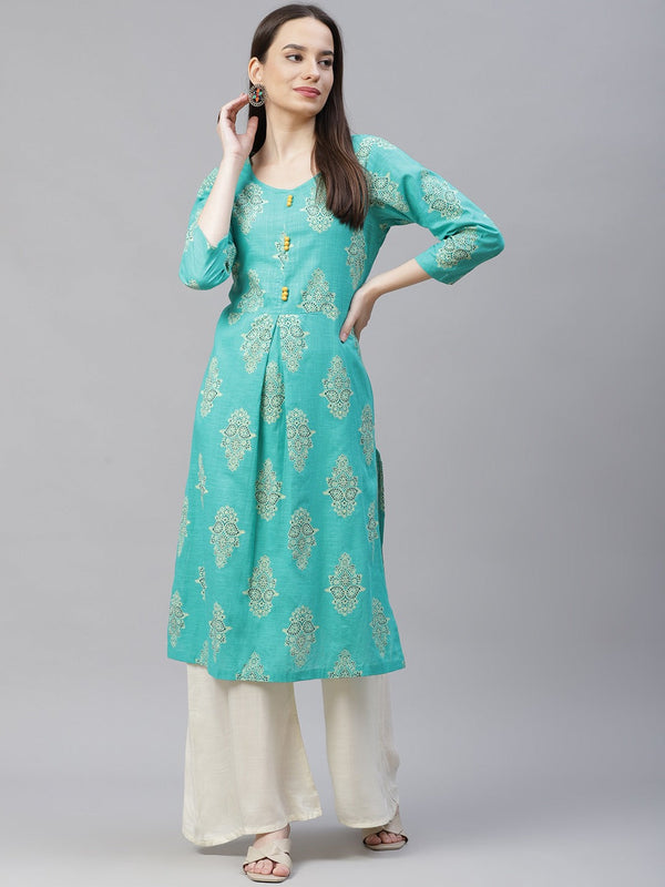 Women Sea Green & Yellow Ethnic Motifs Printed Block Print Kurta with Box Pleate