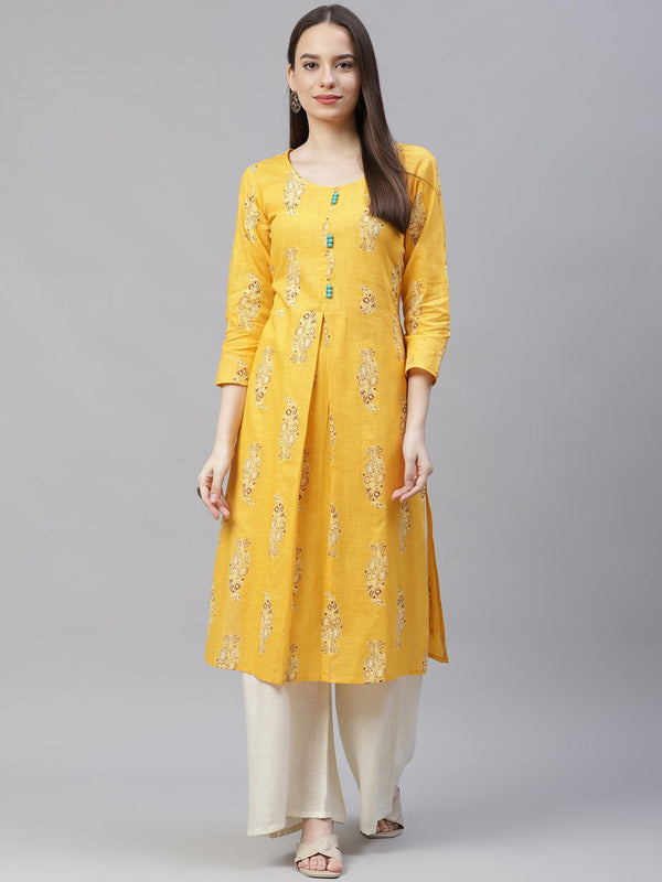 Women Yellow & Sea Green Ethnic Motifs Printed Block Print Kurta with Box Pleate