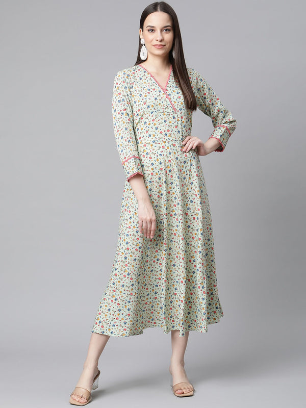 Jashvi Green Floral printed A-Line kurta