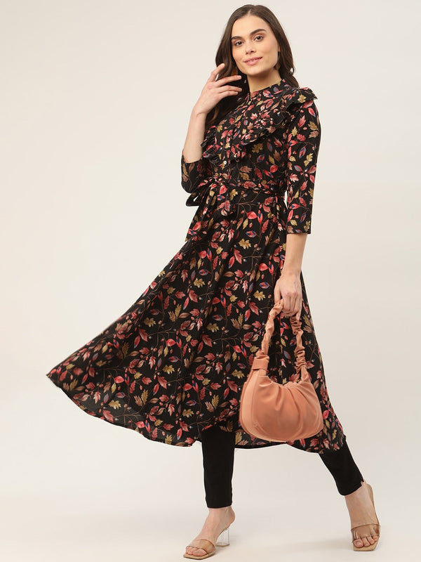 Women Black Flared Printed kurta