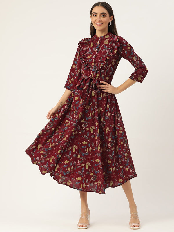 Women Maroon Flared Printed kurta