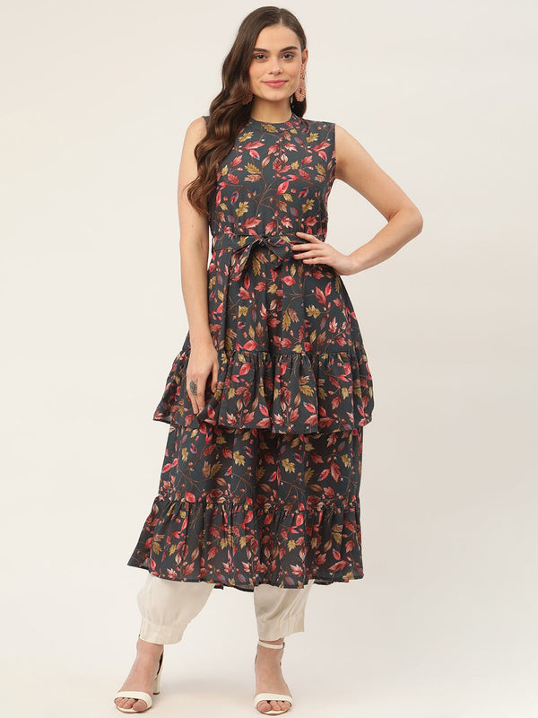 Women Grey Flared Printed kurta