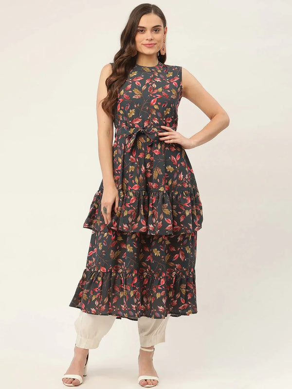 Women's Grey Flared Printed kurta - Taantav