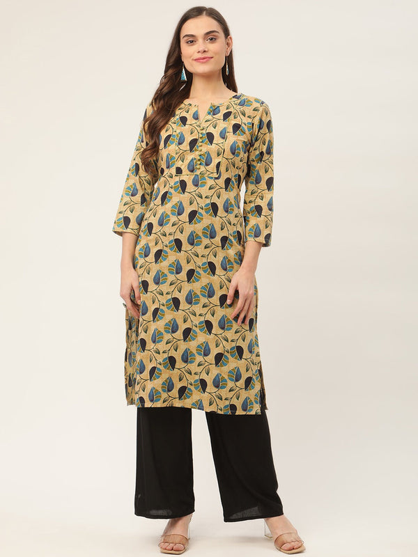 Women's Beige and Navy Printed Straight Pure Cotton Kurta ( JOK 1418 Navy ) - Jompers