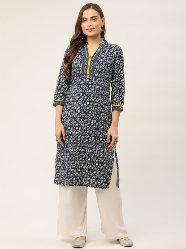 Women's Indigo Blue Printed Straight Pure Cotton Kurta ( JOK 1419 Indigo ) - Jompers