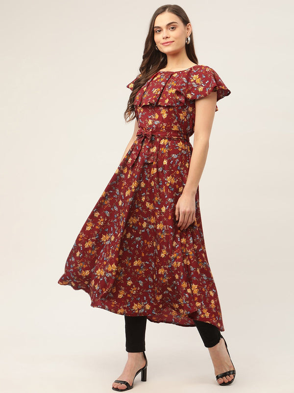 Women's Maroon Flared Printed kurta ( JOK 1420 Maroon ) - Jompers