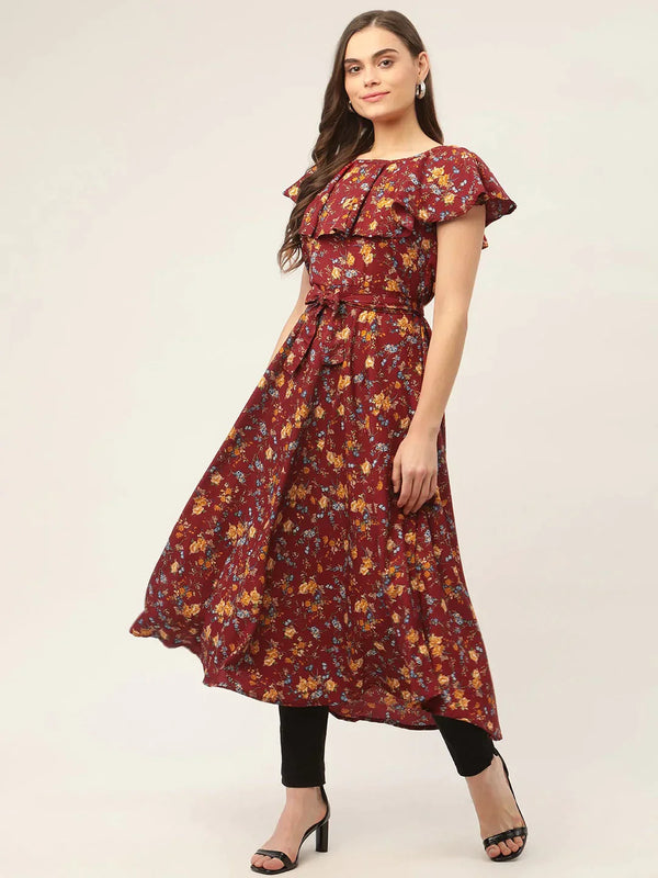 Women's Maroon Flared Printed kurta - Taantav