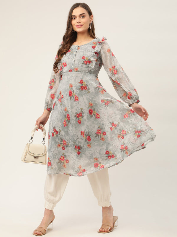 Women Grey Georgette Flared Printed kurta