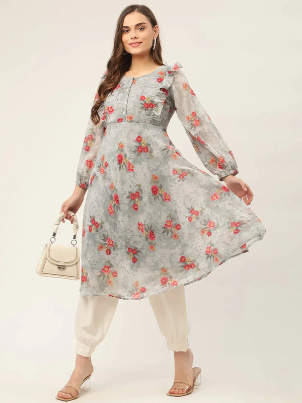 Women's Grey Georgette Flared Printed kurta - Taantav