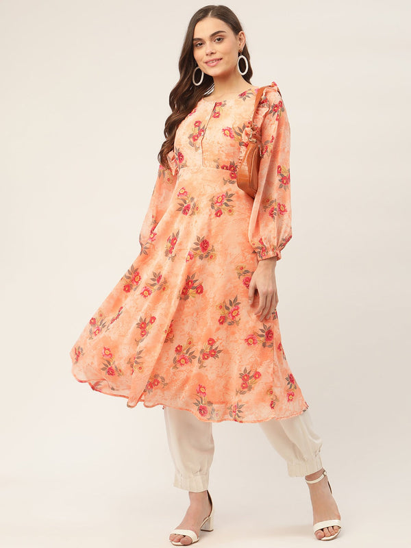 Women Orange Georgette Flared Printed kurta