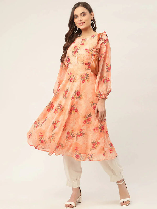 Women's Orange Georgette Flared Printed kurta - Taantav