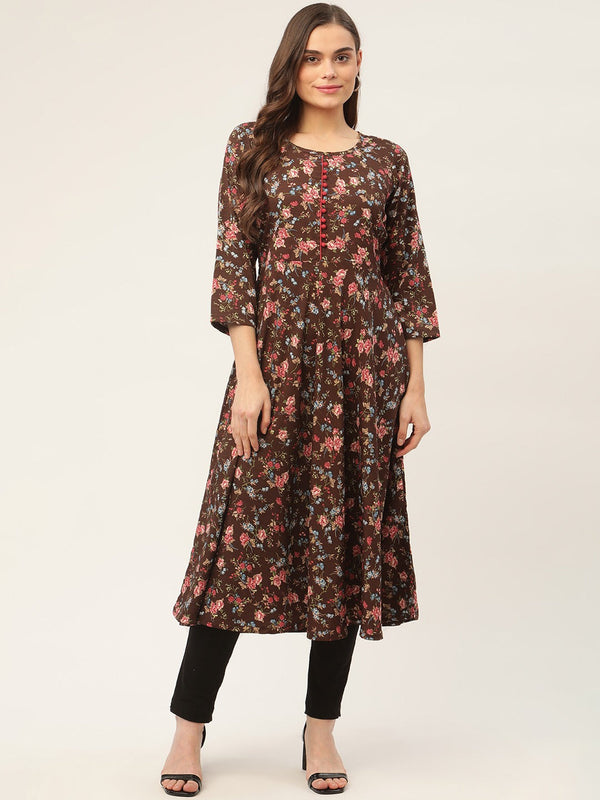 Women Brown Flared Printed kurta