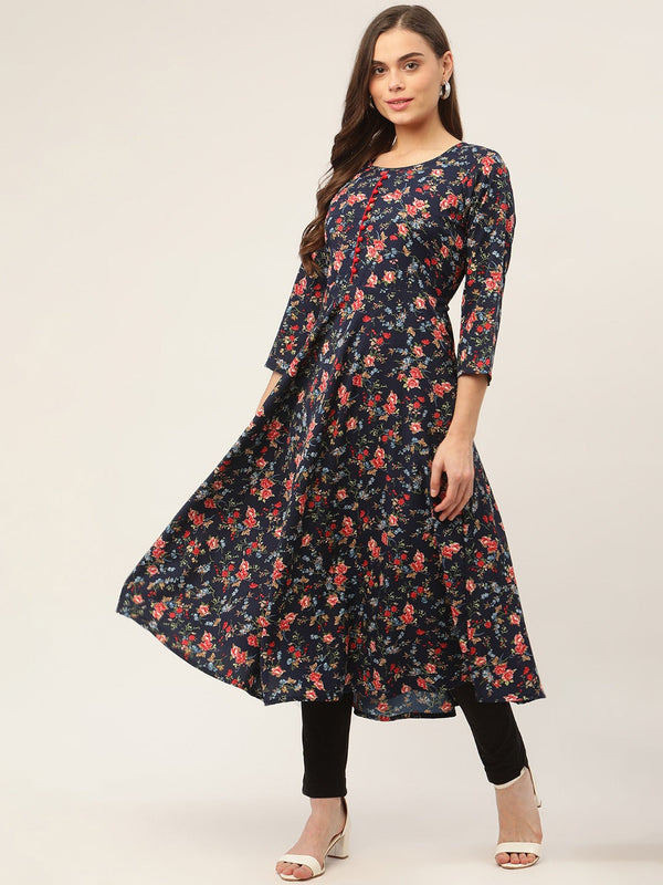 Women Navy Blue Flared Printed kurta