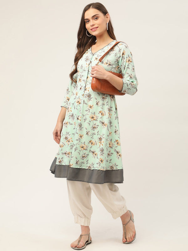 Women Sky Blue and White Flared Printed kurta